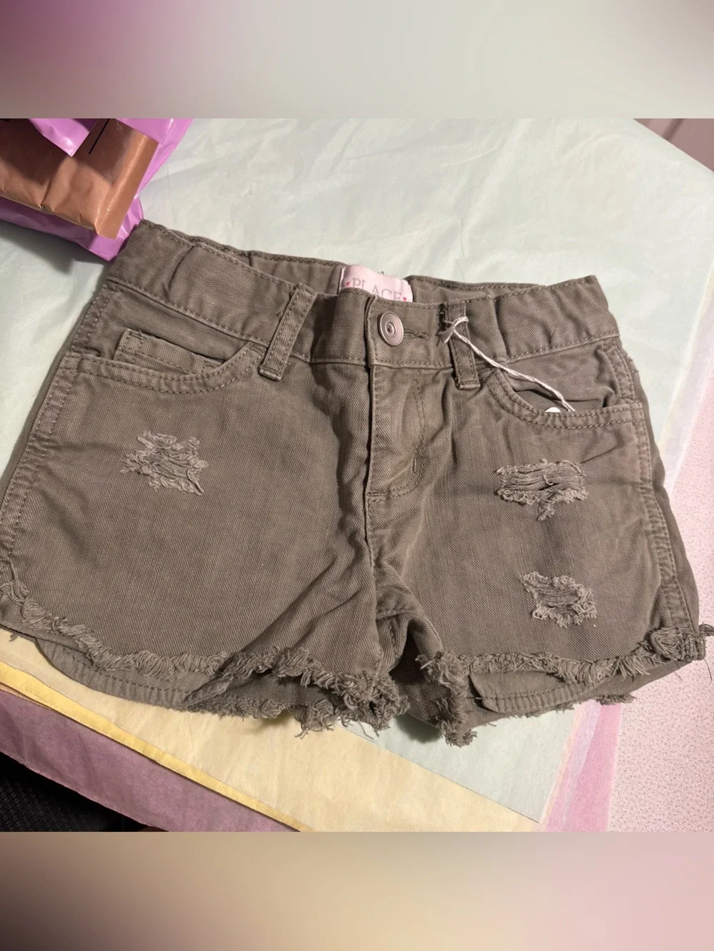 Place Olive Frayed Denim Shorts